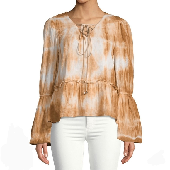 Moon River Blouse V-Neck Lace Up Tie Dye Long Sleeve Bell Cuffs Camel M NWT - Picture 1 of 15